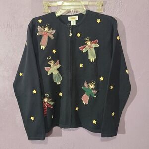 Talbots Cardigan Sweater Black Angels Stars Embroidered Zip Up Womens Vtg Cotton